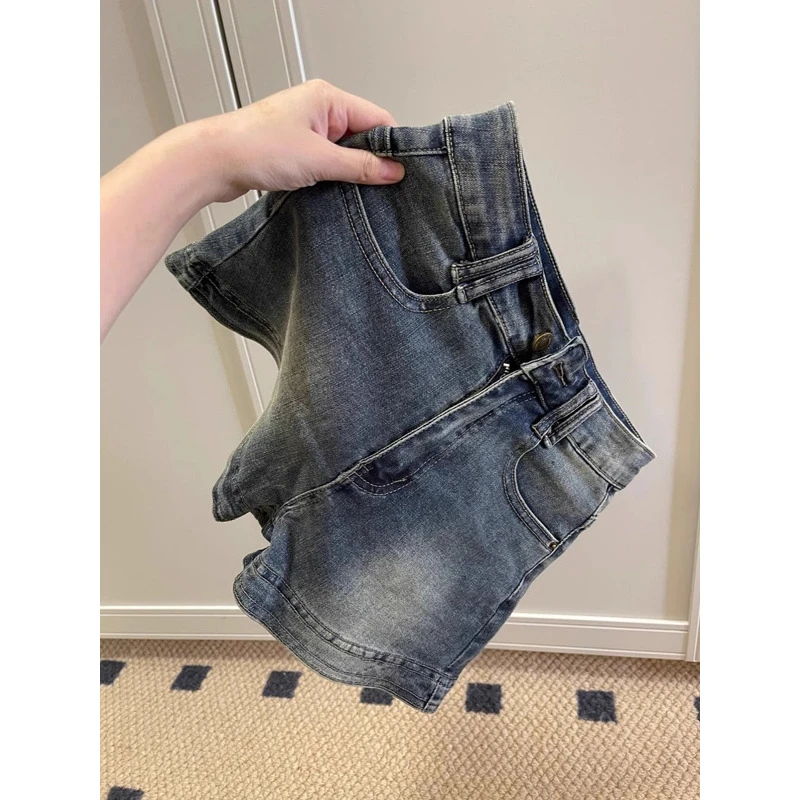 美式复古高街牛仔短裤女夏季薄款辣妹高腰修身显瘦做旧a字热裤子
