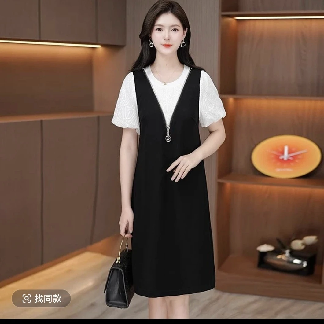 潇潇家～夏季遮肚子显瘦假两件拼接中长款蝴蝶结时尚连衣裙7085