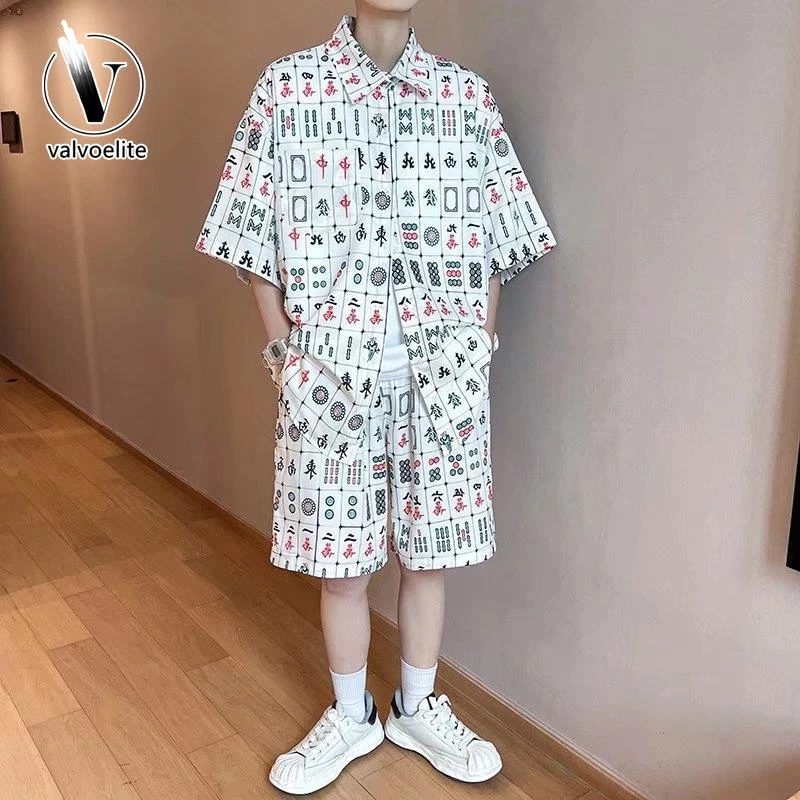 VALVOELITE夏两件套装个性麻将衣服男设计感小众短袖趣味衬衣潮牌