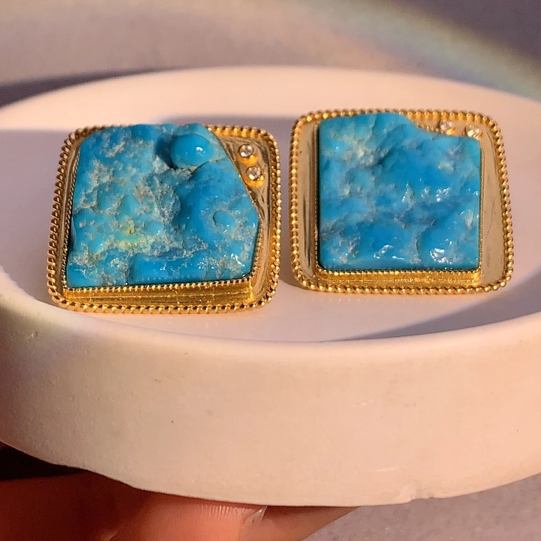 合金绿松石中古原矿高瓷蓝耳环