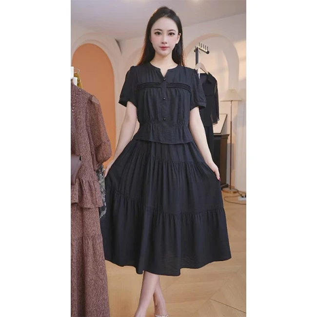 L8794  2025年夏季新款时尚气质百搭假两件宽松显瘦中长款连衣裙