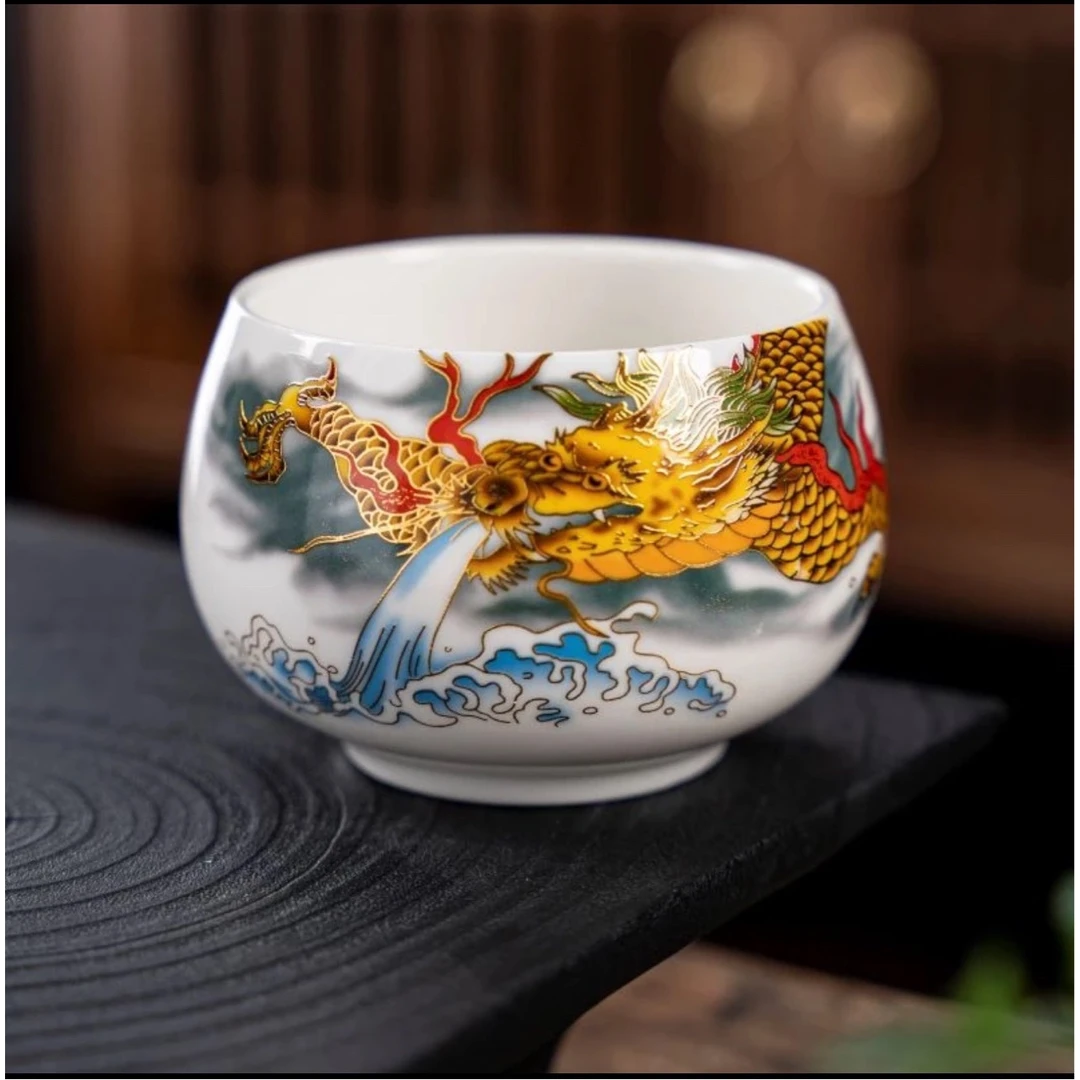 羊脂玉瓷龙腾四海大号家用主人杯高档描金品茗杯个人陶瓷茶【P28】