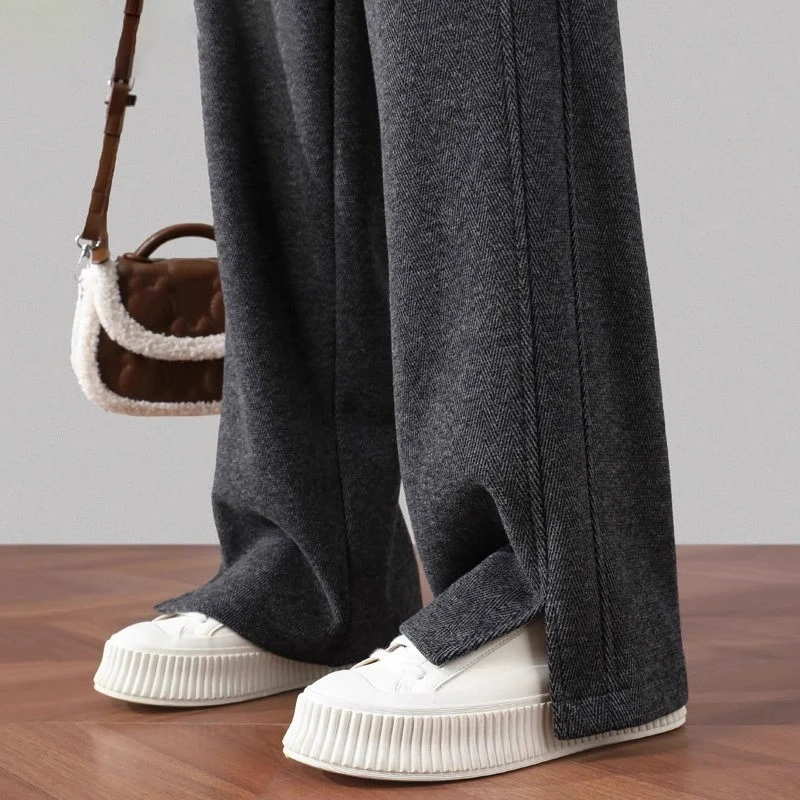 加绒加厚毛呢裤子女秋冬阔腿裤女宽松直筒运动休闲女裤开叉香蕉裤