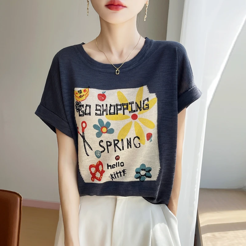 【正品撤柜】新款女短袖夏季卡通动漫圆领针织宽松印花洋气薄款T