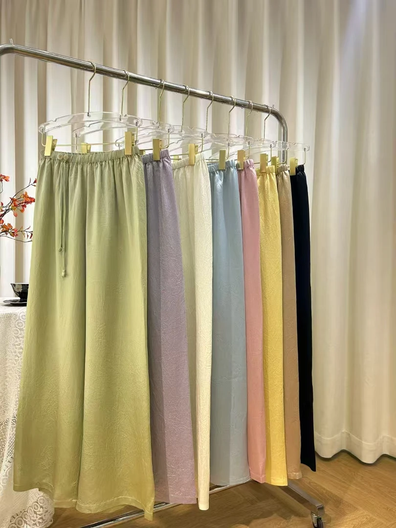 醋酸压皱吊坠阔腿裤长裤新中式松紧夏季休闲裤时尚高腰直筒女