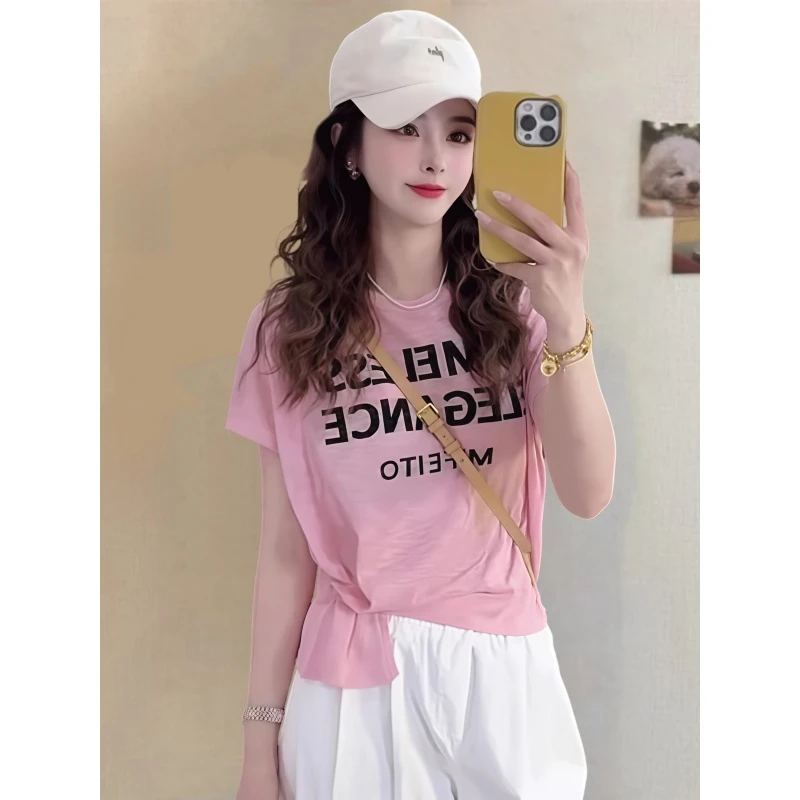 韩系小众不规则减龄短袖t恤针织衫女夏季新款显瘦遮肉别致上衣薄