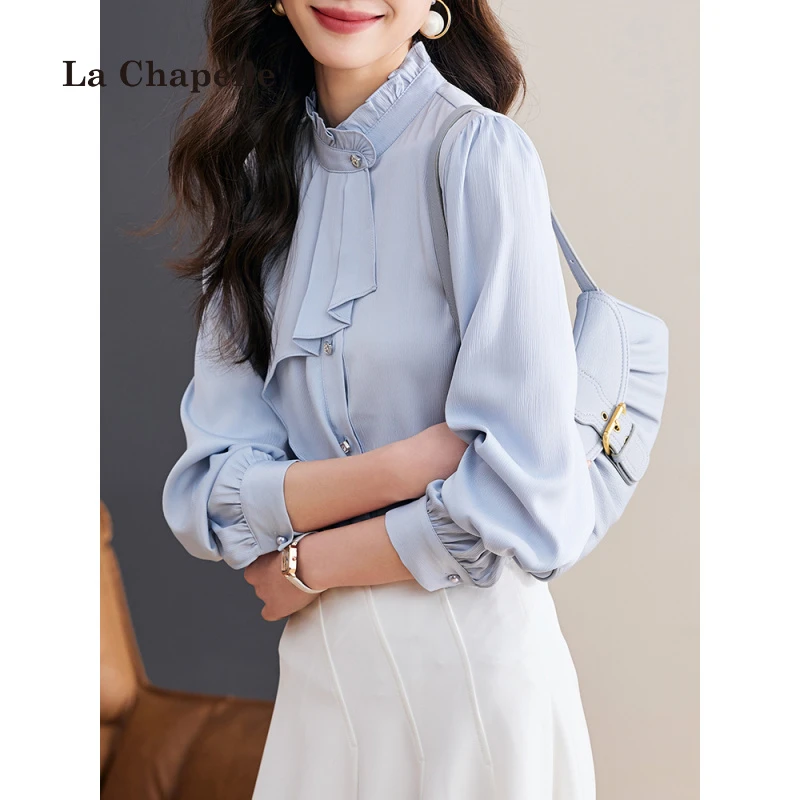 拉夏贝尔春款别致不规则花边领气质雪纺衫纯色衬衫通勤职业上衣女