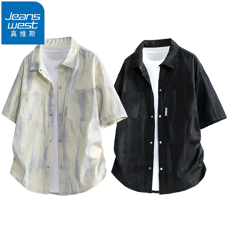 Jeanswest/真维斯扎染短袖衬衫男款夏季薄款透气百搭宽松休闲上衣