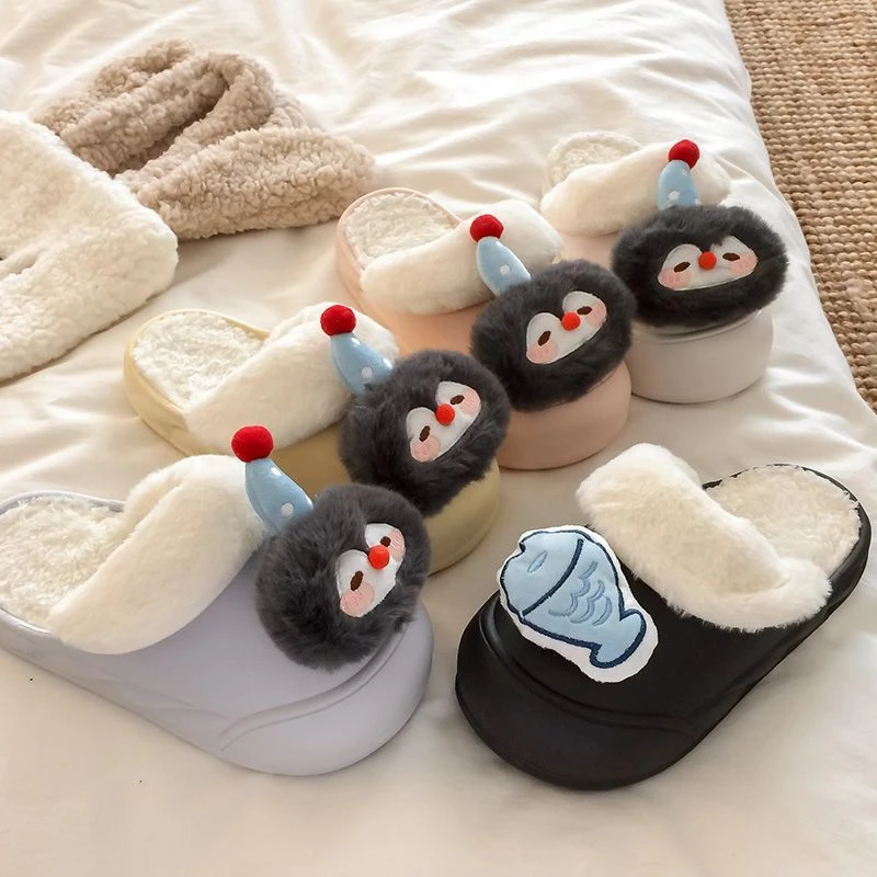 可爱卡通帽子企鹅小鱼2025冬新款外穿防滑可拆卸棉拖鞋包头拖鞋pp