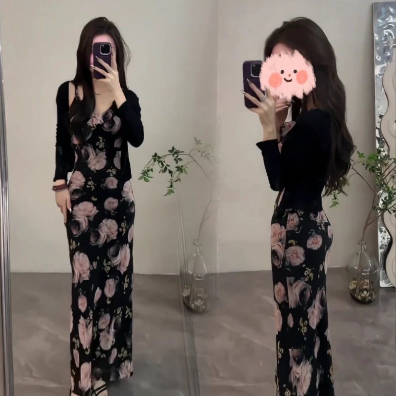 夏季修身显瘦印花连衣裙时尚长款夏季碎花裙子+长袖薄款开衫上衣