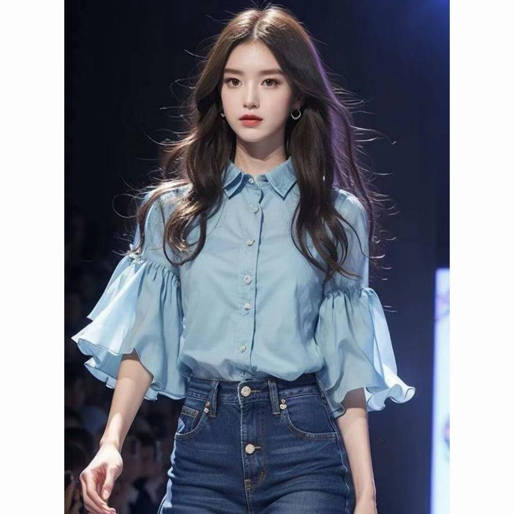 奶蓝色减龄衬衣新款女装单排扣荷叶袖衬衫设计感温柔法式独特上衣