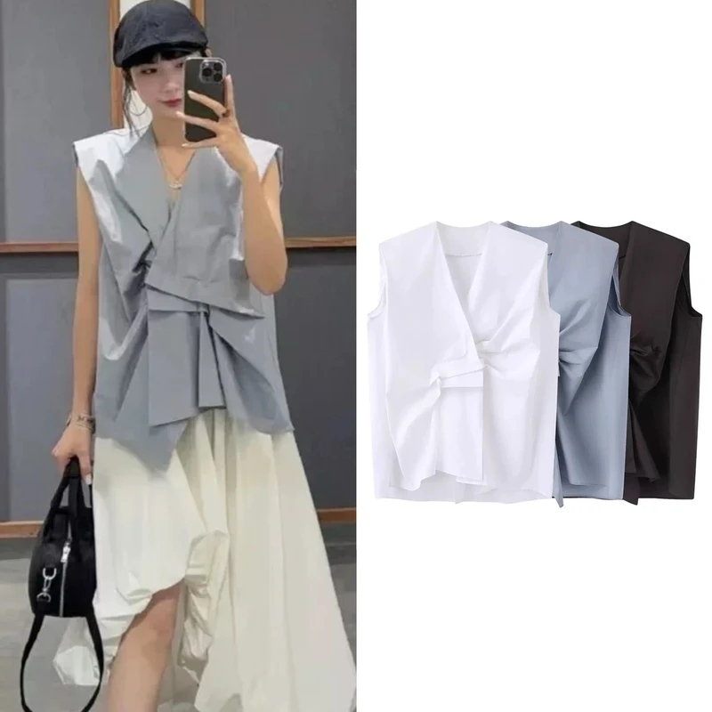 咖米潮【不规则】V领无袖宽松褶皱衬衫简约上衣20258211