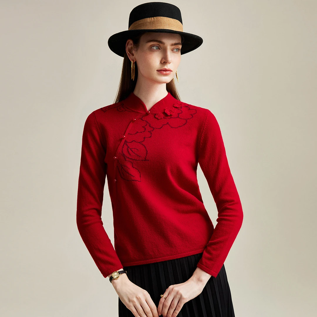 zhaojun/兆君【本命新年红】新中式冬款精致钩花女士羊绒衫ZSS4210