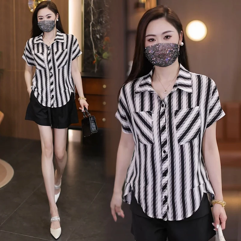 冰丝条纹雪纺衬衫女2025夏季新宽松显瘦大码休闲减龄上衣洋气小衫