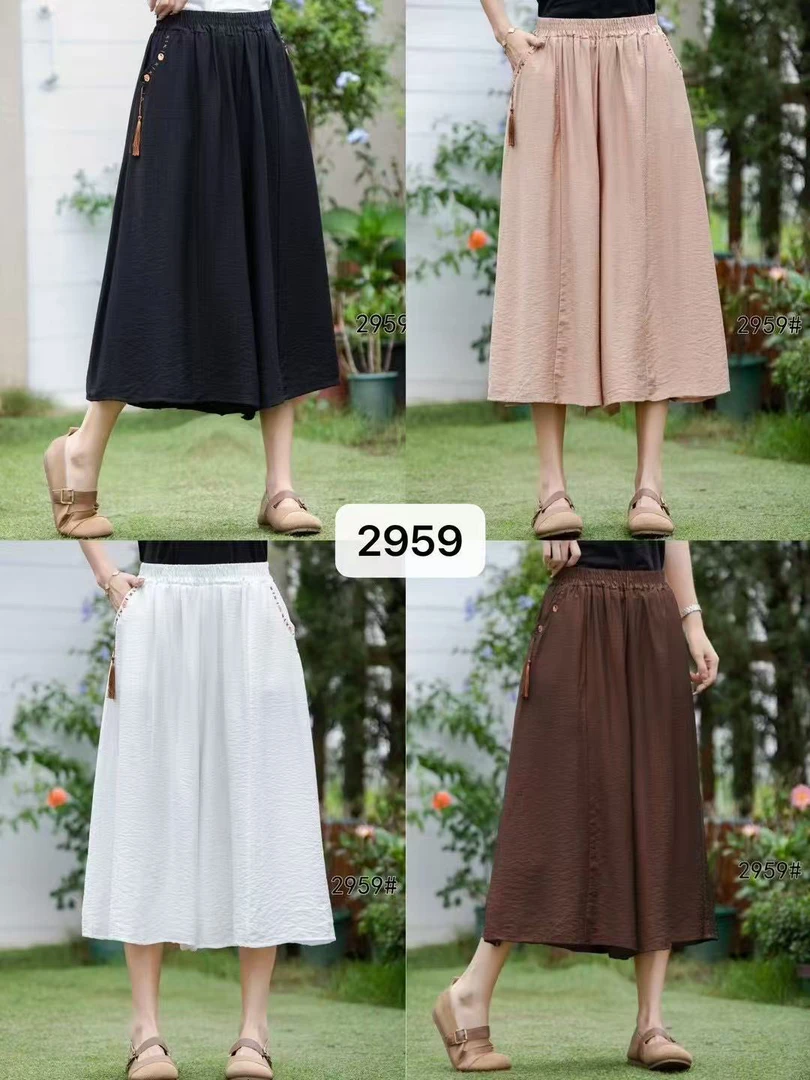 2959透气阔腿裤刺绣七分裤纯色休闲裤薄款大码民族风
