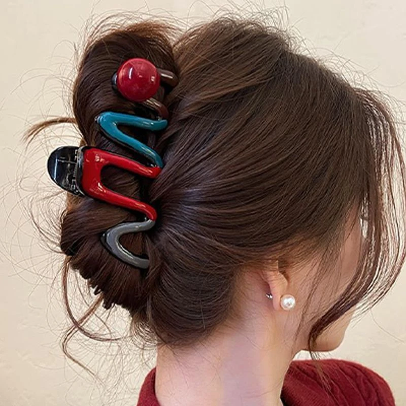 设计款波浪珍珠撞色抓夹大号发夹女2024高级感后脑勺鲨鱼夹子发饰