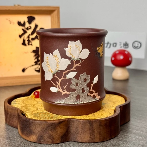 宜兴坭香紫砂杯堆绘玉兰花主人杯竹节杯原矿石红茶杯160ml