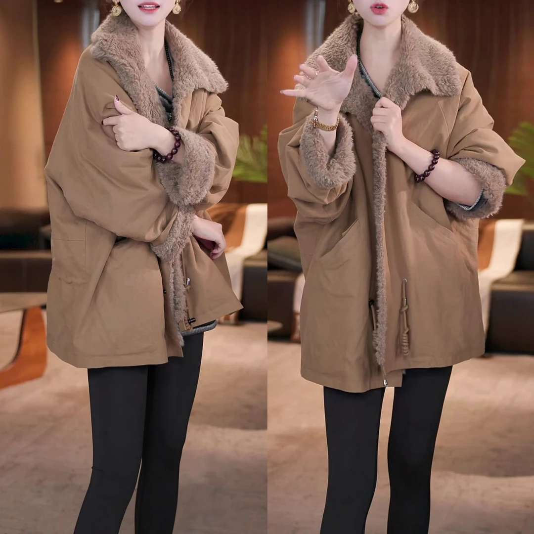 时尚复古加厚保暖中长款上衣2025冬季新款气质高档立领双面穿外套