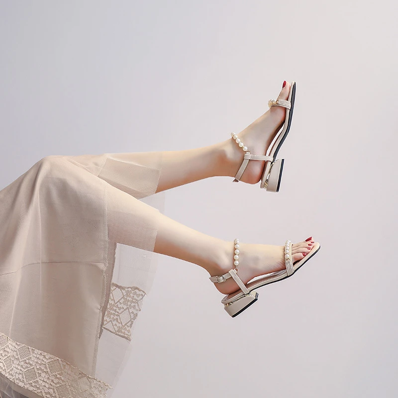 一字带凉鞋时尚女款百搭粗跟仙女风时装韩版学生罗马平底鞋夏季