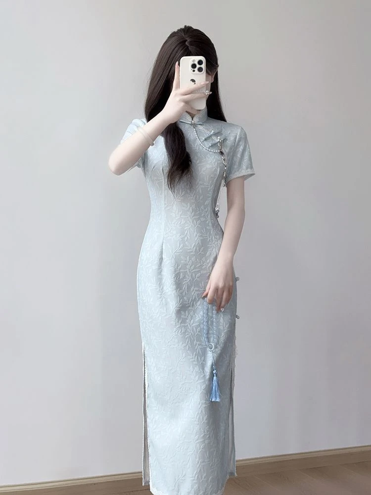 旗袍2025新款改良年轻款国风少女春夏清冷新中式蓝色修身连衣裙
