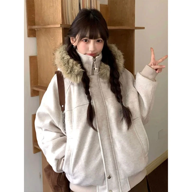 韩版毛领连帽棉服男女款秋冬加厚小个子短款棉衣外套重磅毛呢夹克