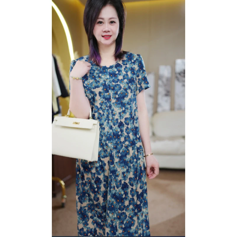 F037蓝色玫瑰新款高端气质碎花中长款连衣裙女