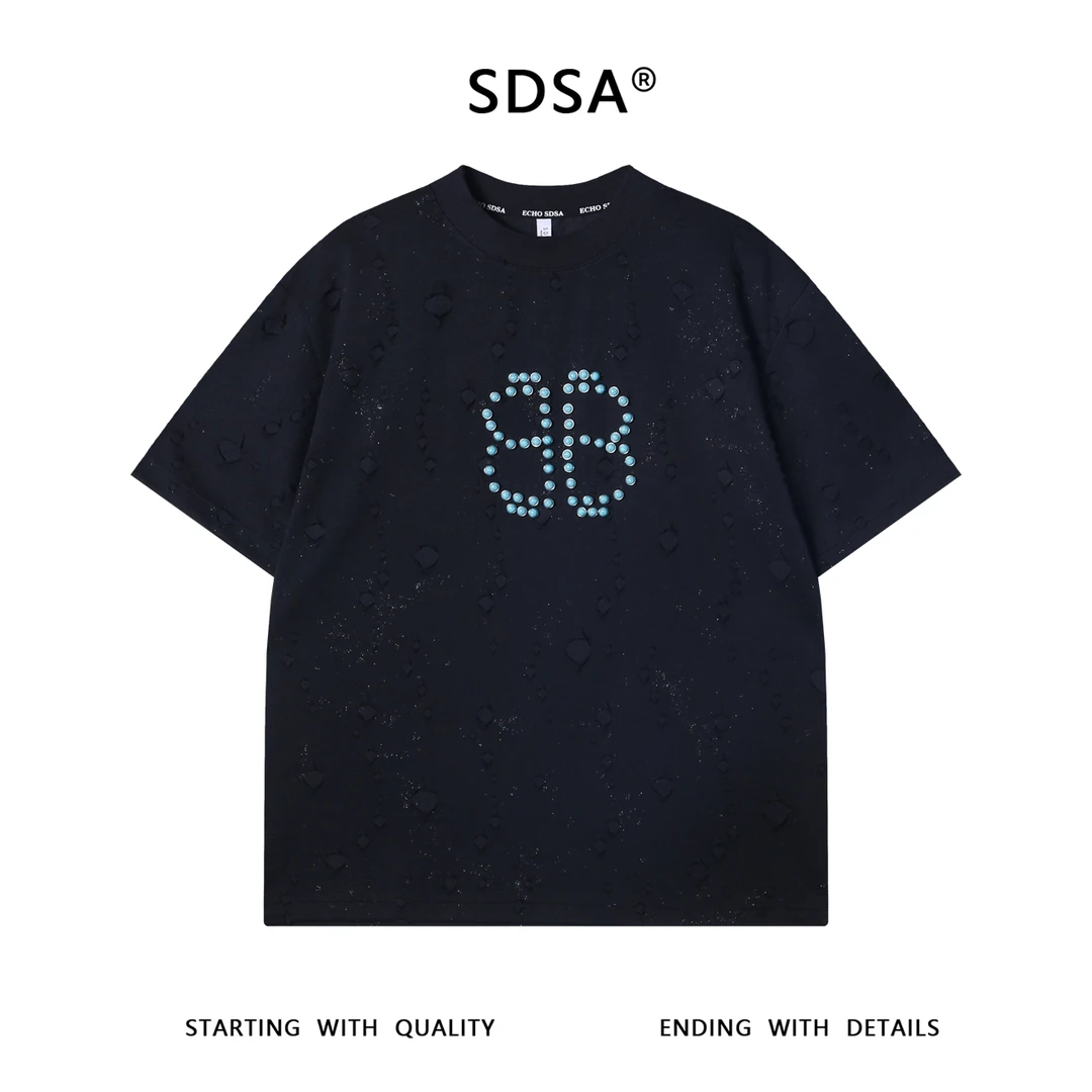 夏季高级感新款美式破洞细闪纽扣字母圆领短袖T恤百搭嘻哈上衣