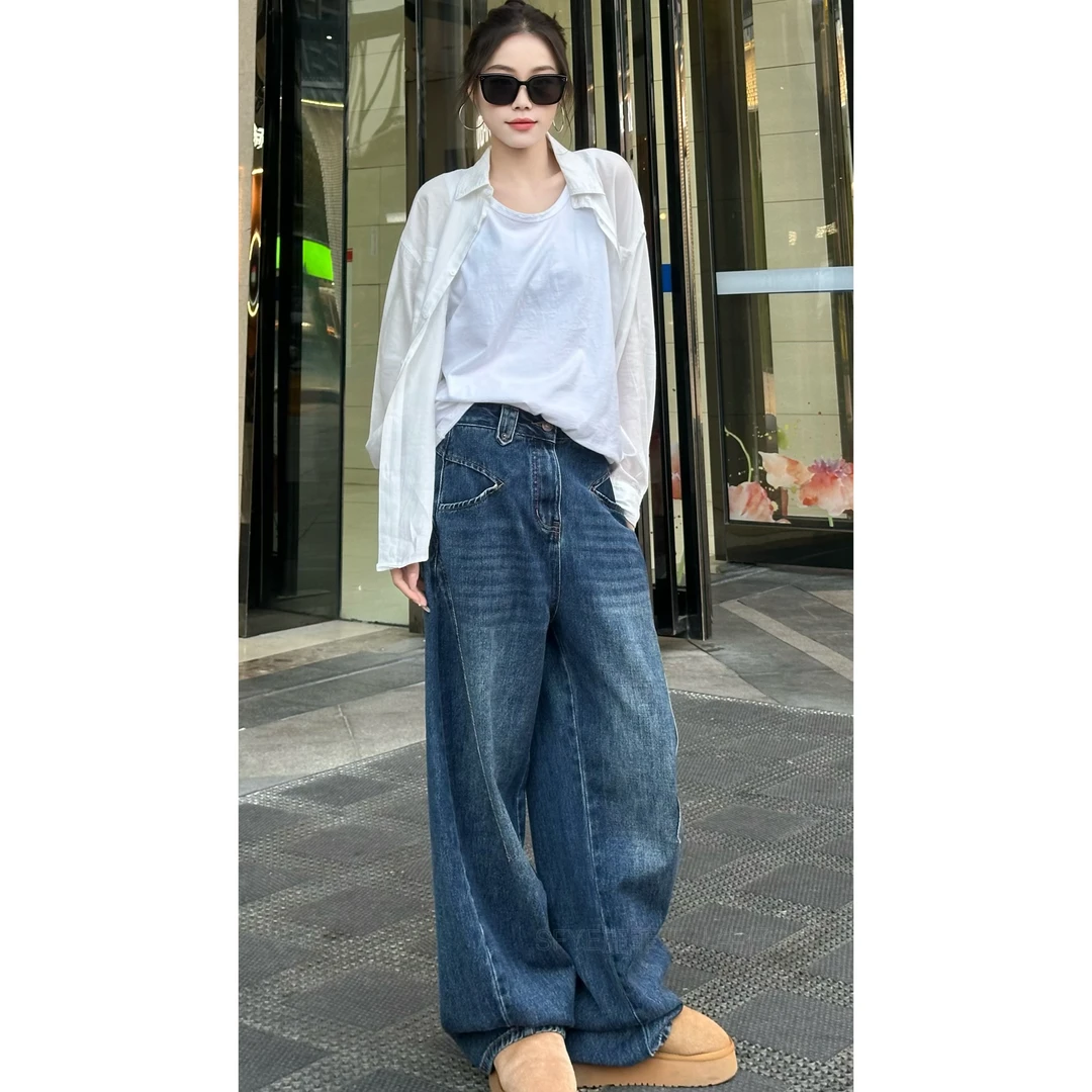 春季新款[双v弯袋]必备阔腿牛仔重磅原色女款阔腿裤ZYE6670Q时尚