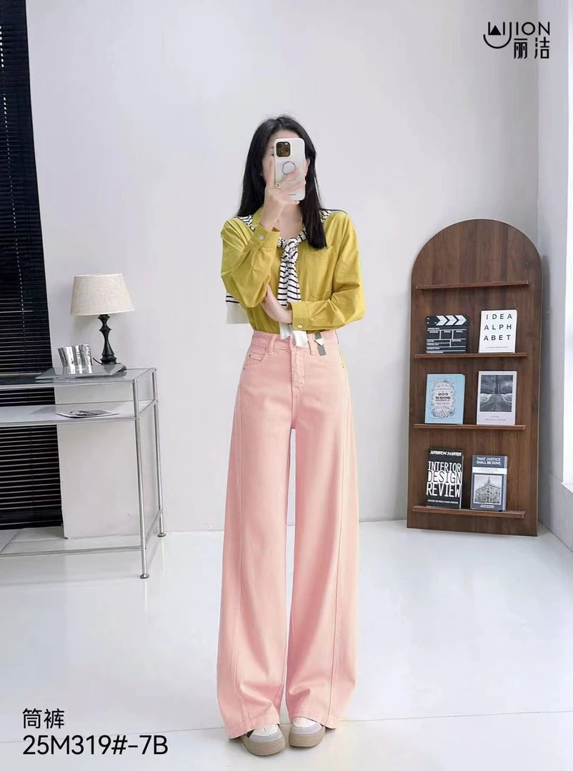 夏季粉色高腰直筒牛仔裤宽松垂感显瘦阔腿筒裤