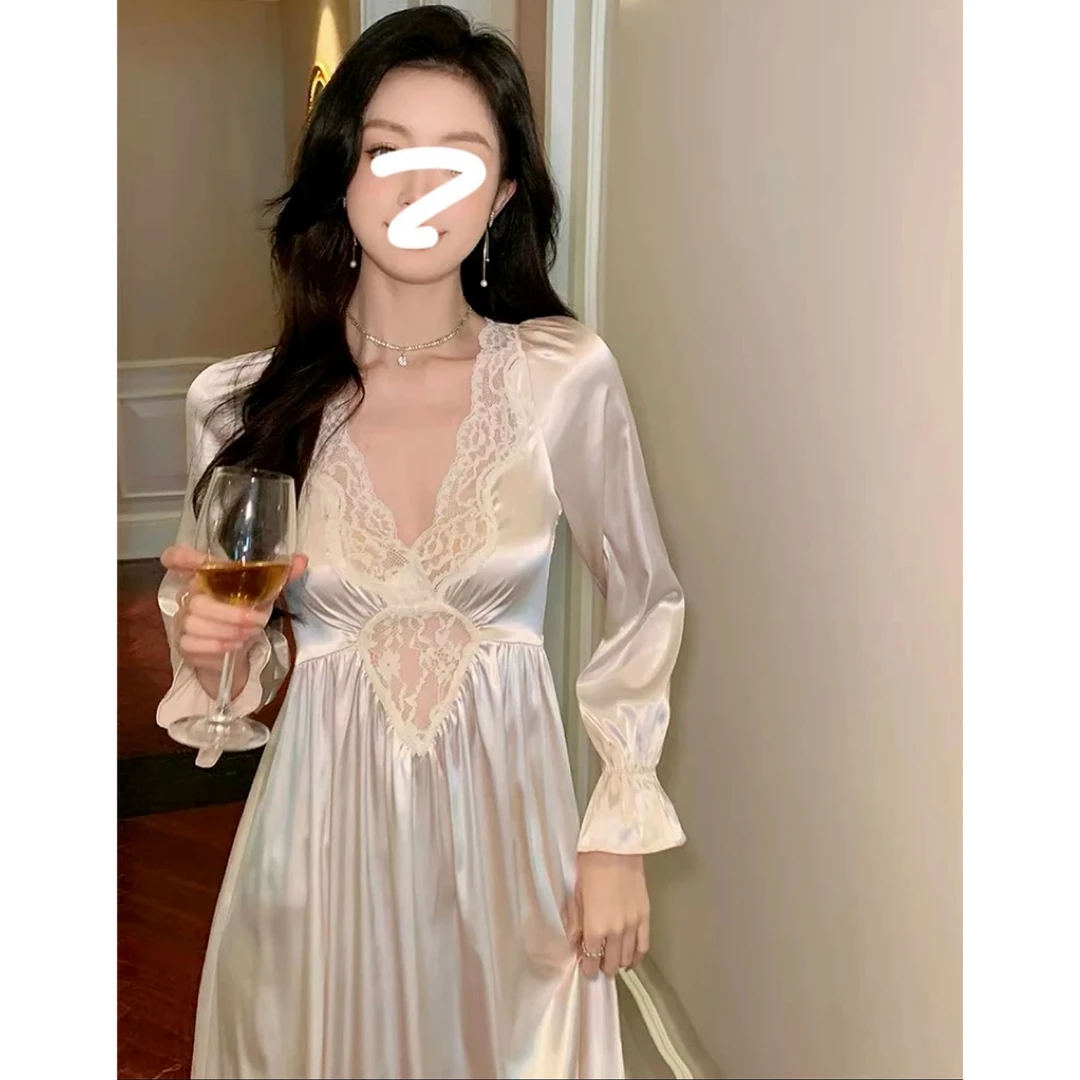 【热销】春夏季蕾丝显瘦胸垫睡裙复古法式长款仙女裙中式风冰雪丝