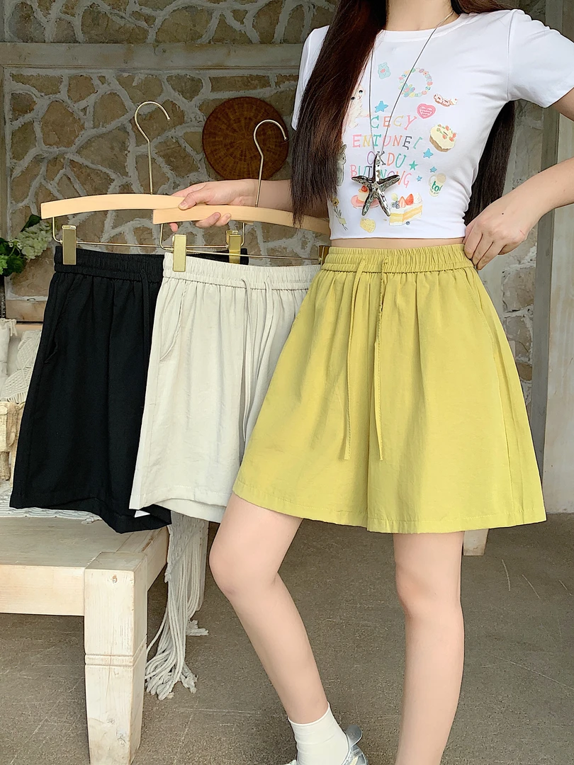 大码女装夏季新款胖mm显腿长百搭高腰抽绳A字短裤纯欲慵懒风女装