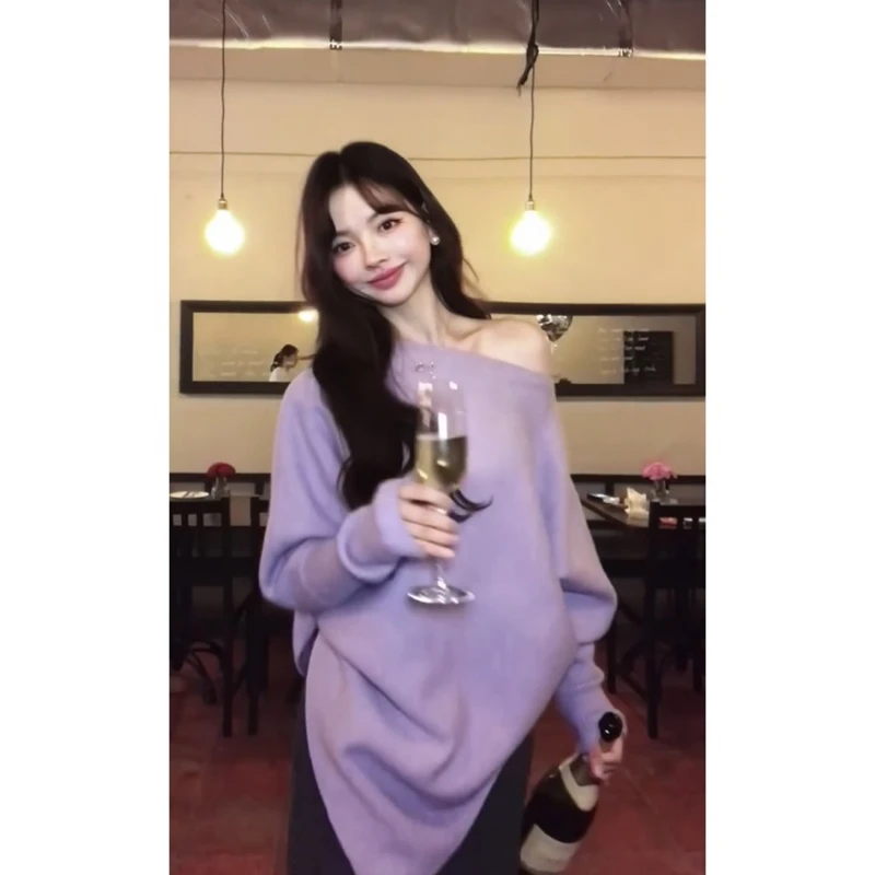 MARIE.COCO慵懒风不规则露肩长袖针织毛衣女秋冬新款半身裙两件套