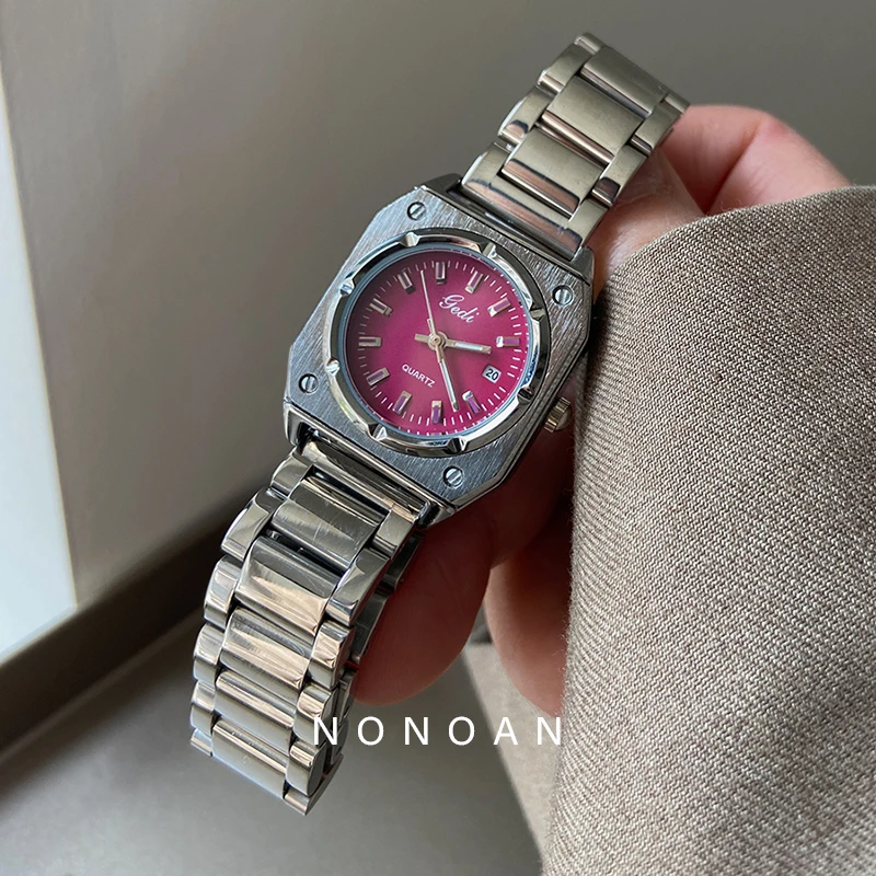NONOAN高级感设计时尚气质通勤百搭女玫红表盘ins手表女石英表307
