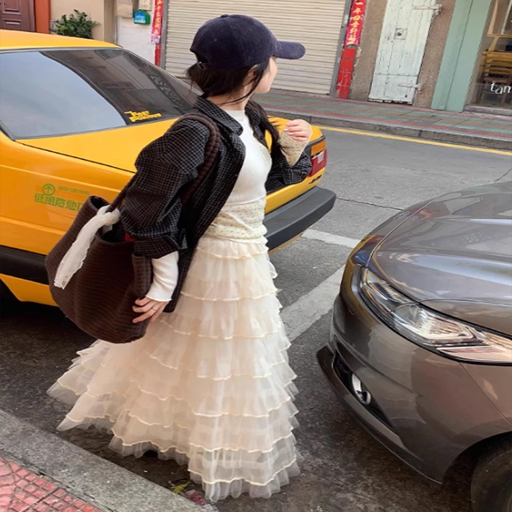 法式气质网纱蛋糕裙甜美少女感半身裙早春高腰a字大摆百搭长裙子