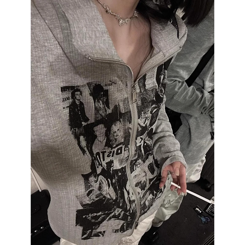 美式复古卫衣开衫女早秋新款朋克长袖修身亚文化辣妹休闲拉链上衣