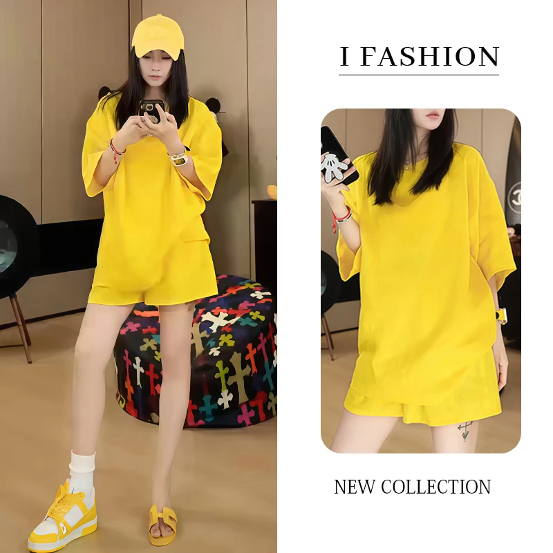 韩版休闲减龄运动服套装女2025年夏季新款宽松显瘦短袖短裤两件套