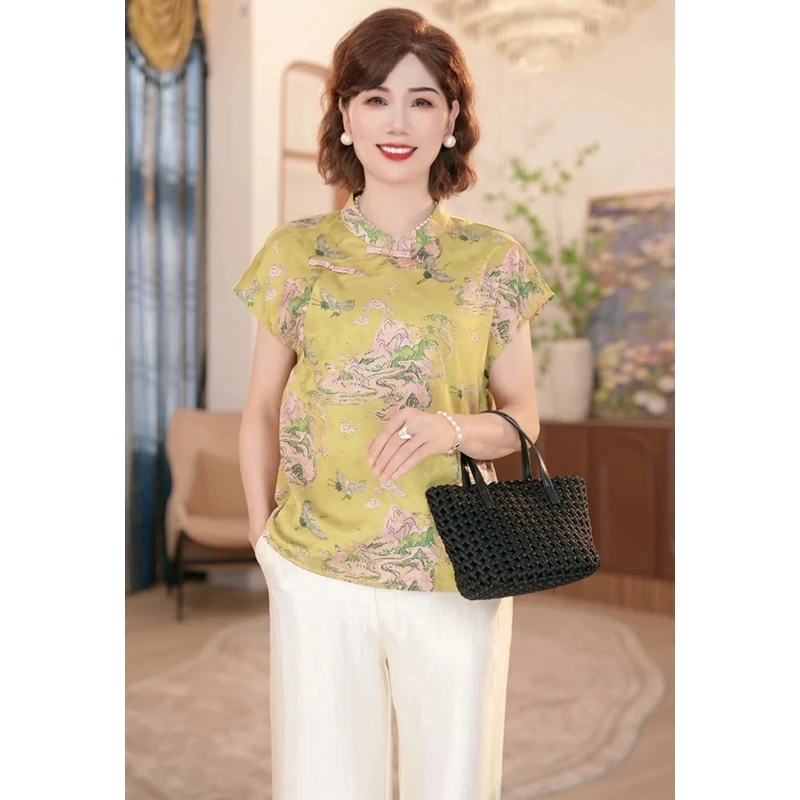 中年妈妈夏季新中式上衣服2025新款洋气中老年女装国风上衣两件套