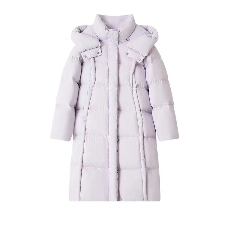 洁牌香芋紫长款加厚保暖带帽羽绒服