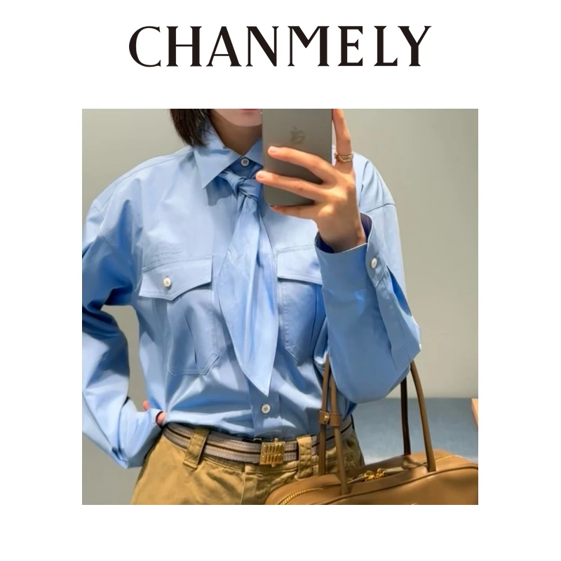 【CHANMITY】25/ss复古文艺学院风减龄系带阔版显瘦长袖衬衫 025283