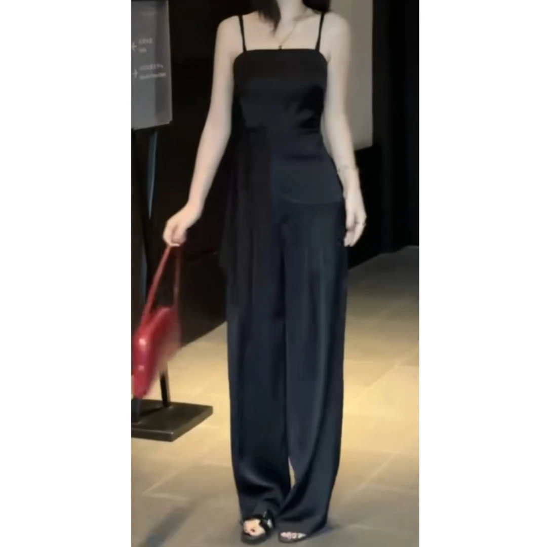 韩版气质套装女2025夏季高级感黑色吊带上衣阔腿裤三件套装M5438