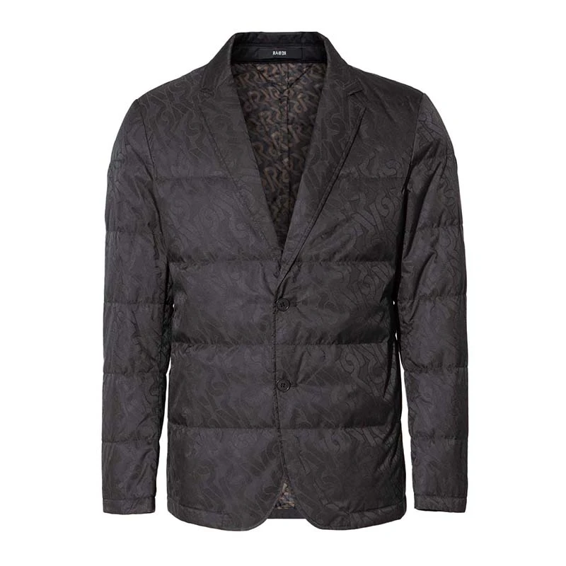 RARE威雅秋冬新款徽标商务男士鹅绒黑色双Rlogo翻驳领单西羽绒服