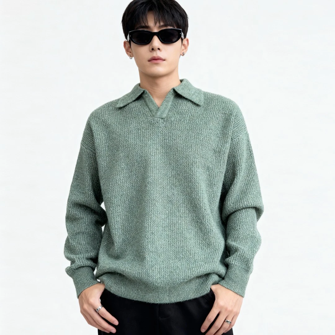花线海鸥领针织衫男士秋冬季宽松轻奢痞帅加厚高级感套头毛衣上衣