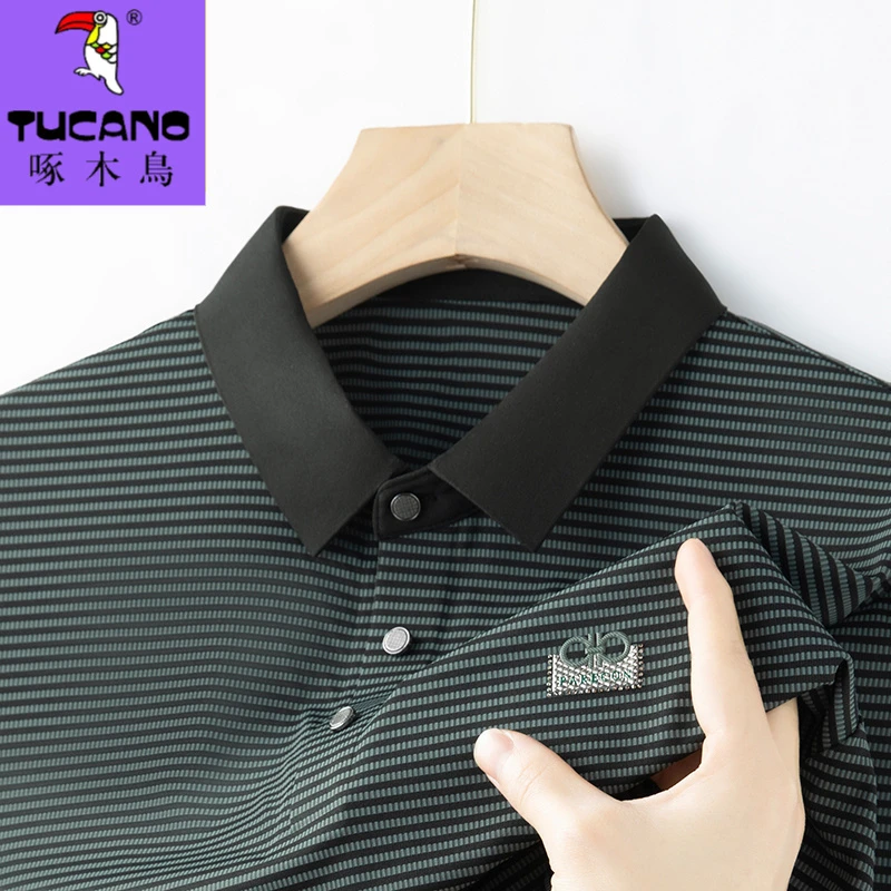 【啄木鸟】男冰丝条纹POLO衫高档夏季休闲无痕中年商务丝滑短袖T恤