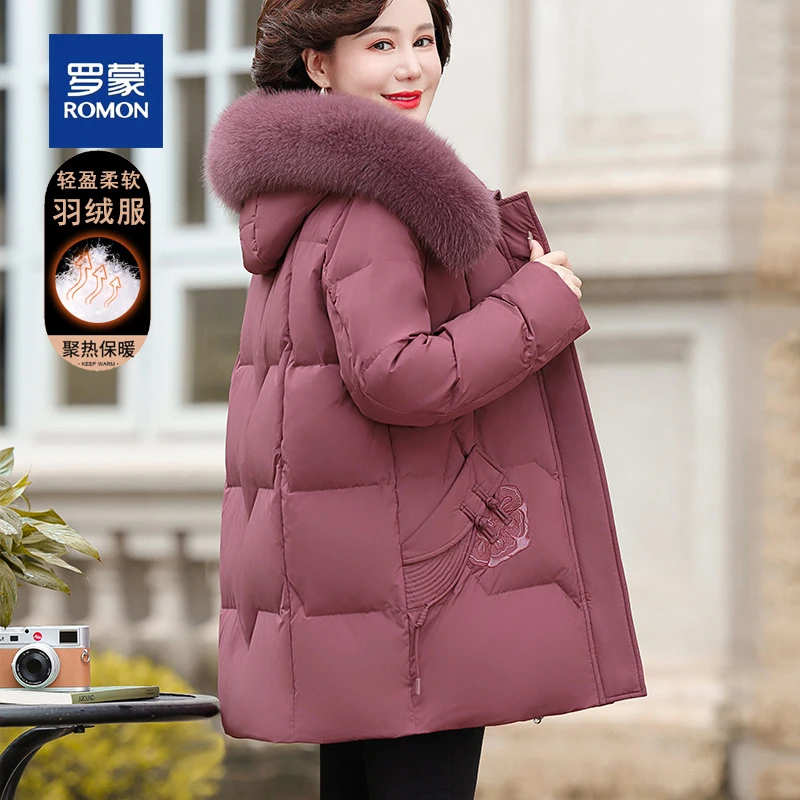 罗蒙2025新款时尚洋气狐狸毛领妈妈冬装羽绒服中老年女装保暖外套