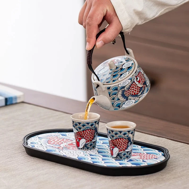 红锦鲤鱼茶盘套装国风提梁壶轻奢泡茶茶具四杯+茶盘-470