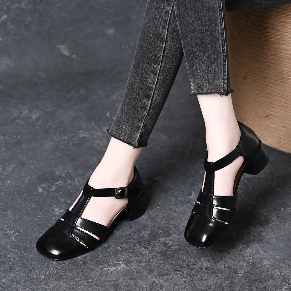 编织罗马浅口中跟百搭凉鞋女2025春夏新款镂空复古中空一字带单鞋