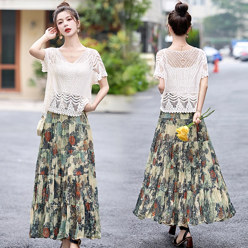 法式镂空罩衫套装裙女2025年夏季新款慵懒风气质印花半身裙两件套