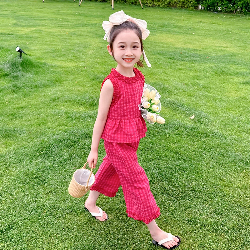 女小童甜美套装夏季2025女宝宝飞袖娃娃衫夏装小女孩格子两件套潮