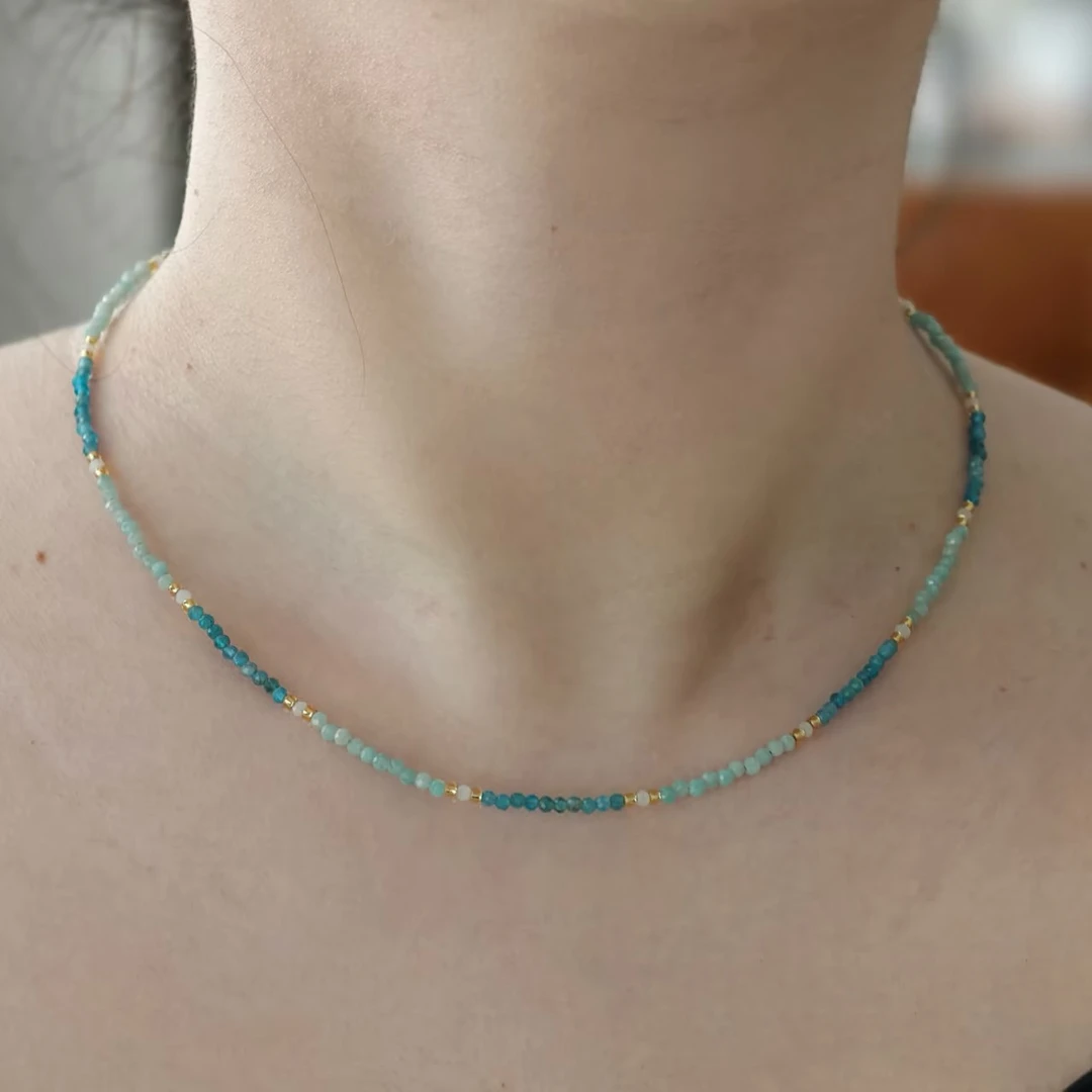 蓝林灰天河石锁骨链2MM极细爱心吊坠叠戴链子