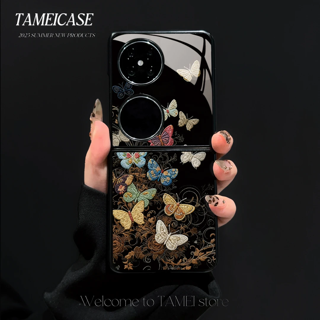 复古蝴蝶适用华为Pocket2保护壳华为Pocket2手机壳全包玻璃壳